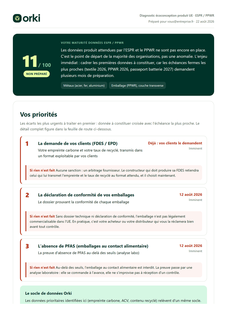 Première page du rapport de diagnostic écoconception Orki : score de maturité, trois priorités datées et score par pilier
